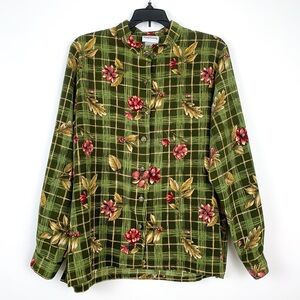 Vintage Bon Worth top green plaid floral leaf pattern & butterfly buttons large